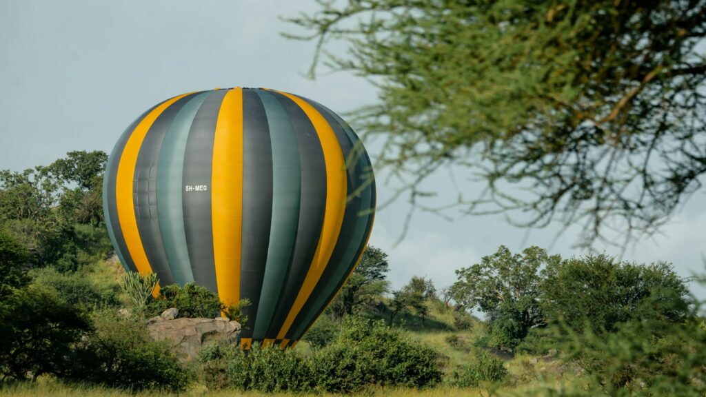 Ein Heißluftballon steigt über den Horizont